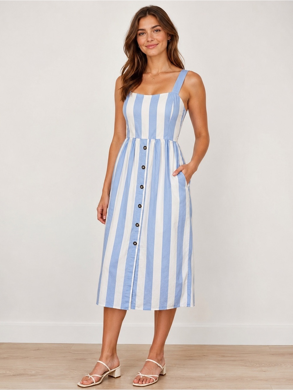 UTERQUE Pin Stripe Fit N Flare Midi Dress Size Small 26 Sleeveless Blue White